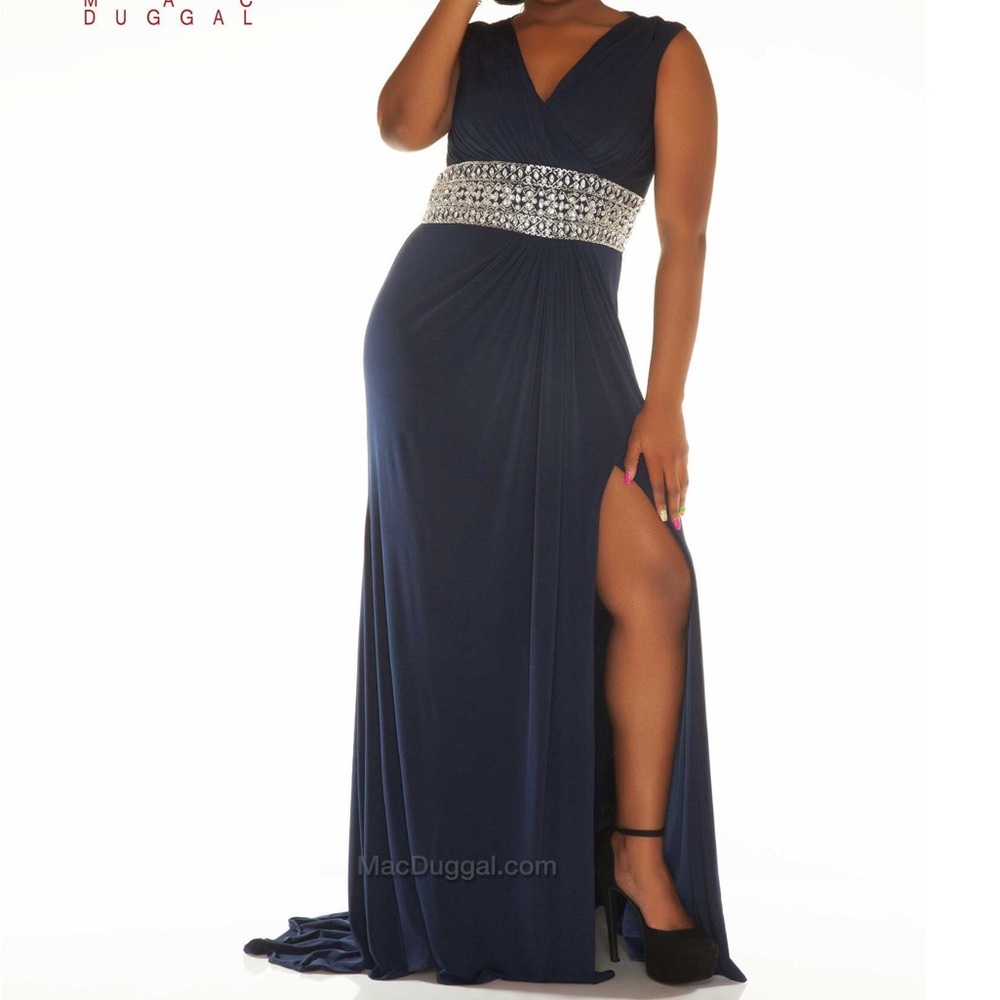 Navy MacDuggal Dress with Silver Belted Accent 18w